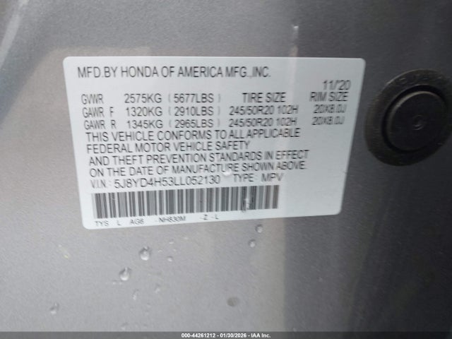44261212 :رقم المزاد ، 5J8YD4H53LL052130 vin ، 2020 Acura Mdx Technology Package مزاد بيع