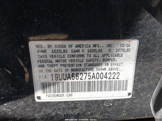 Продаж на аукціоні авто 2005 Acura Tl, vin: 19UUA66275A004222, номер лоту: 44261228
