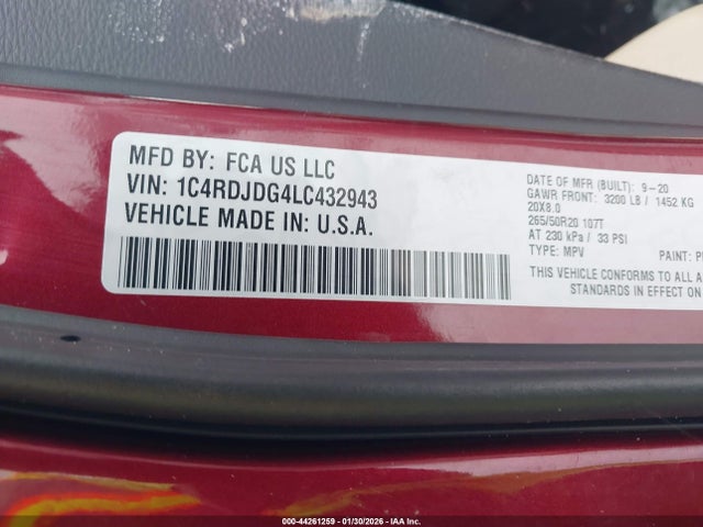 44261259 :رقم المزاد ، 1C4RDJDG4LC432943 vin ، 2020 Dodge Durango Gt Plus Awd مزاد بيع