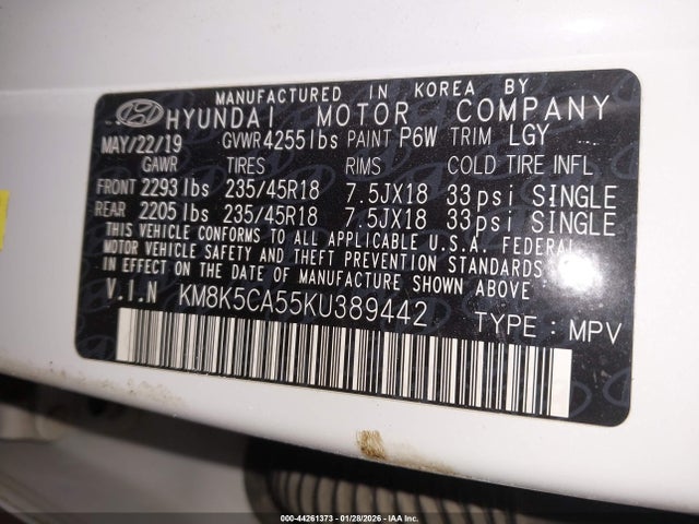 2019 HYUNDAI KONA KM8K5CA55KU389442 Photo 8