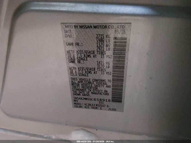 Aukcja sprzedaży 2016 Nissan Pathfinder Sv, vin: 5N1AR2MM1GC658918, numer aukcji: 44261384