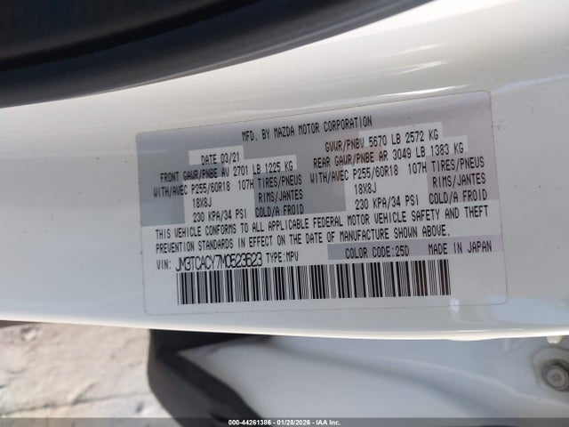 2021 Mazda Cx-9 Touring მანქანა იყიდება აუქციონზე, vin: JM3TCACY7M0523623, აუქციონის ნომერი: 44261386