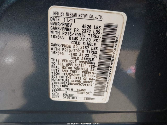 44261581 :رقم المزاد ، JN8AS5MV6CW706459 vin ، 2012 Nissan Rogue S مزاد بيع