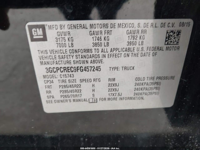 2015 Chevrolet Silverado 1500 1lt მანქანა იყიდება აუქციონზე, vin: 3GCPCREC9FG457245, აუქციონის ნომერი: 44261600