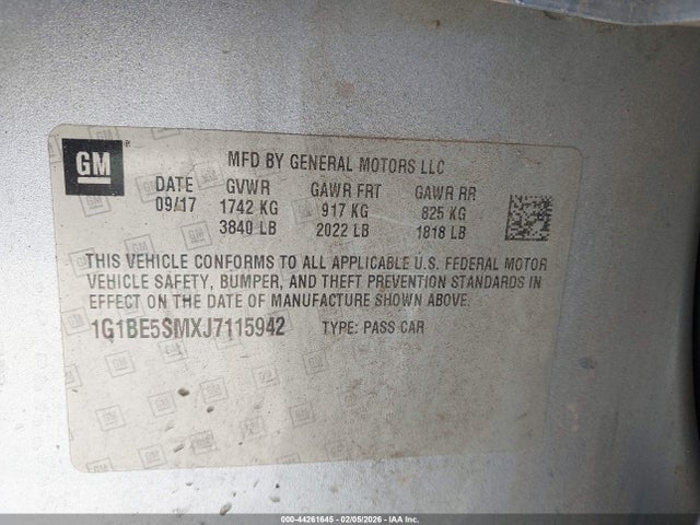 44261645 :رقم المزاد ، 1G1BE5SMXJ7115942 vin ، 2018 Chevrolet Cruze Lt Auto مزاد بيع