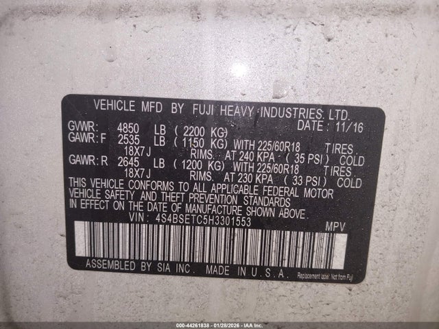 Продажа на аукционе авто 2017 Subaru Outback 3.6r Touring, vin: 4S4BSETC5H3301553, номер лота: 44261838