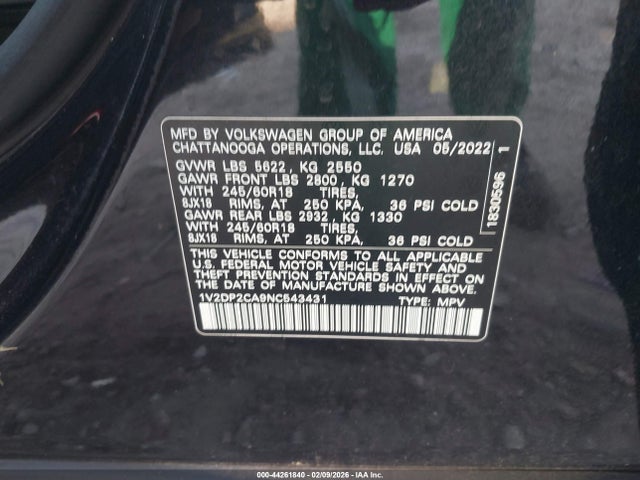 Aukcja sprzedaży 2022 Volkswagen Atlas 2.0t Se, vin: 1V2DP2CA9NC543431, numer aukcji: 44261840