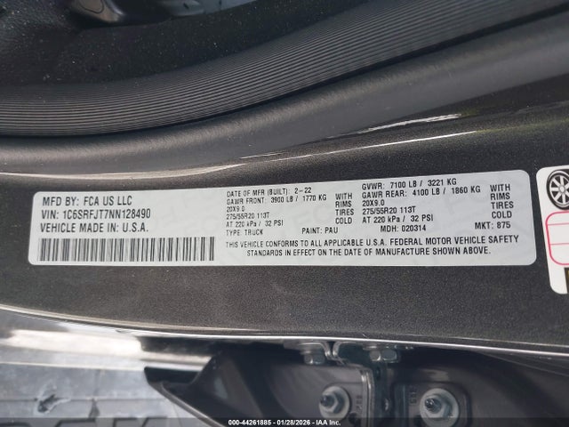 Aukcja sprzedaży 2022 Ram 1500 Laramie  4x4 5'7 Box, vin: 1C6SRFJT7NN128490, numer aukcji: 44261885
