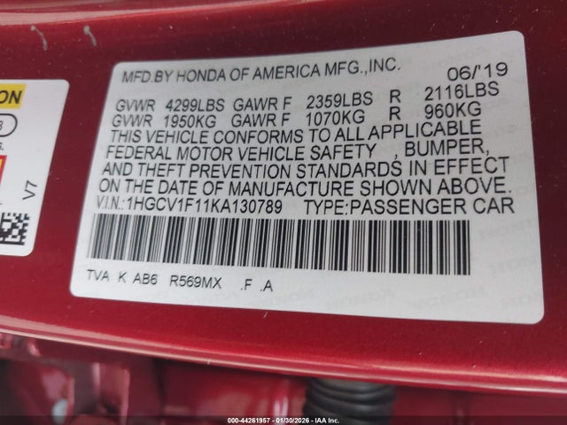 1HGCV1F11KA130789 Honda ACCORD LX