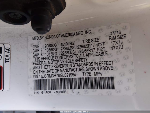 5J6RM3H76GL021954 Honda Cr-v Ex-l