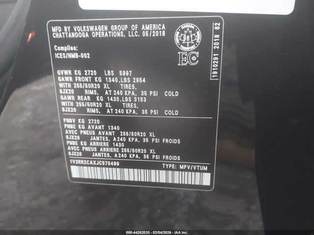 Aukcja sprzedaży 2018 Volkswagen Atlas 3.6l V6 Sel, vin: 1V2RR2CAXJC570499, numer aukcji: 44262035