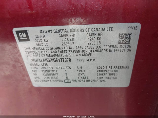 44262101 :رقم المزاد ، 2GKALMEK0G6177070 vin ، 2016 Gmc Terrain Sle-1 مزاد بيع