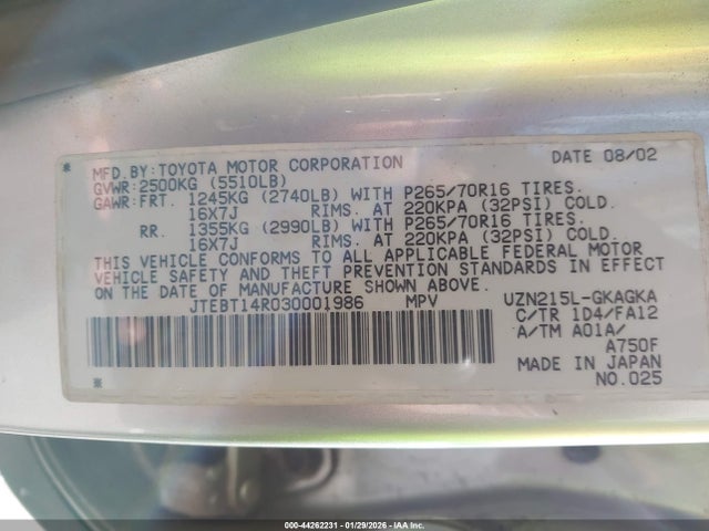 2003 TOYOTA 4RUNNER JTEBT14R030001986 Photo 8