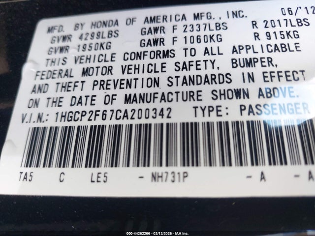 2012 Honda Accord 2.4 Se მანქანა იყიდება აუქციონზე, vin: 1HGCP2F67CA200342, აუქციონის ნომერი: 44262266