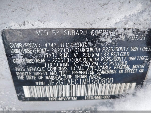 Продаж на аукціоні авто 2021 Subaru Crosstrek Premium, vin: JF2GTAEC1MH380800, номер лоту: 44262267
