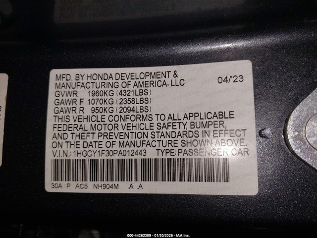 Продаж на аукціоні авто 2023 Honda Accord Ex, vin: 1HGCY1F30PA012443, номер лоту: 44262309
