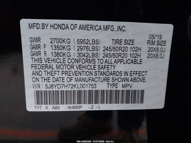 5J8YD7H72KL001753 Acura Mdx Sport Hybrid W/advance Pkg