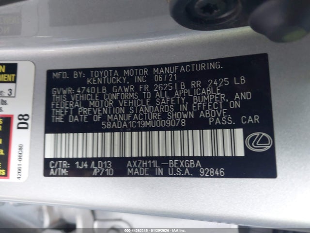 Продажа на аукционе авто 2021 Lexus Es 300h, vin: 58ADA1C19MU009078, номер лота: 44262385