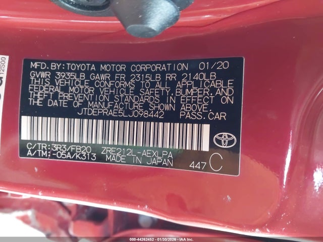 Aukcja sprzedaży 2020 Toyota Corolla Le, vin: JTDEPRAE5LJ098442, numer aukcji: 44262452