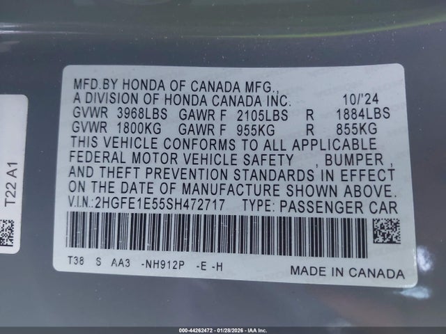 Продаж на аукціоні авто 2025 Honda Civic Si Base W/high Performance Summer Tires/, vin: 2HGFE1E55SH472717, номер лоту: 44262472