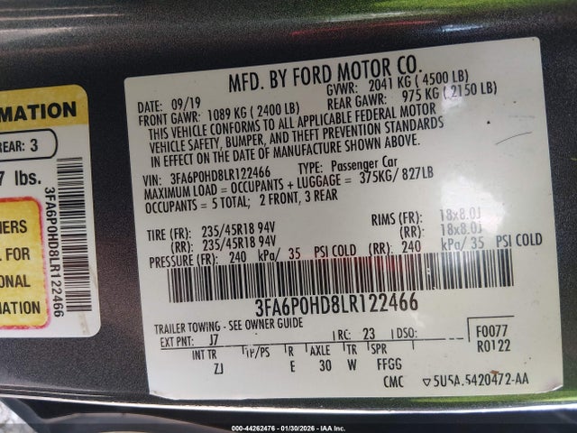 Aukcja sprzedaży 2020 Ford Fusion Se, vin: 3FA6P0HD8LR122466, numer aukcji: 44262476