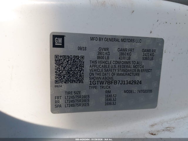 Aukcja sprzedaży 2018 Gmc Savana 2500 Work Van, vin: 1GTW7BFB7J1342924, numer aukcji: 44262494