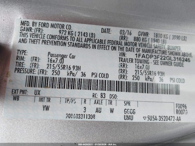 1FADP3F22GL316246 Ford FOCUS SE