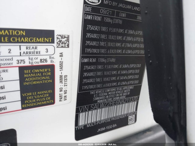 Aukcja sprzedaży 2022 Land Rover Range Rover Sport Svr/svr Carbon Edition, vin: SALWZ2RE6NA211370, numer aukcji: 44262526