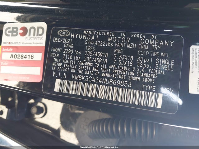 2022 Hyundai Kona N Line მანქანა იყიდება აუქციონზე, vin: KM8K3CA34NU869853, აუქციონის ნომერი: 44262590