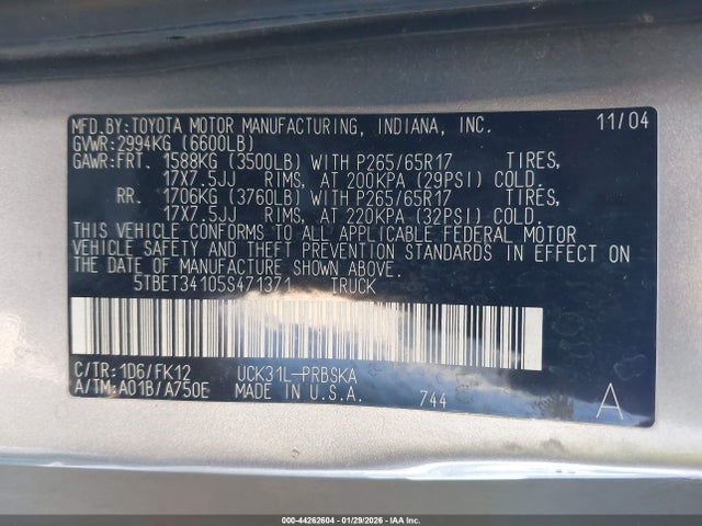 2005 TOYOTA TUNDRA 5TBET34105S471371 Photo 8