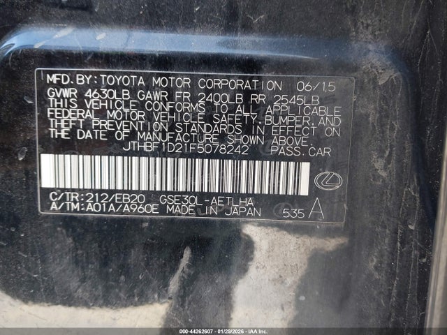 Aukcja sprzedaży 2015 Lexus Is 250, vin: JTHBF1D21F5078242, numer aukcji: 44262607