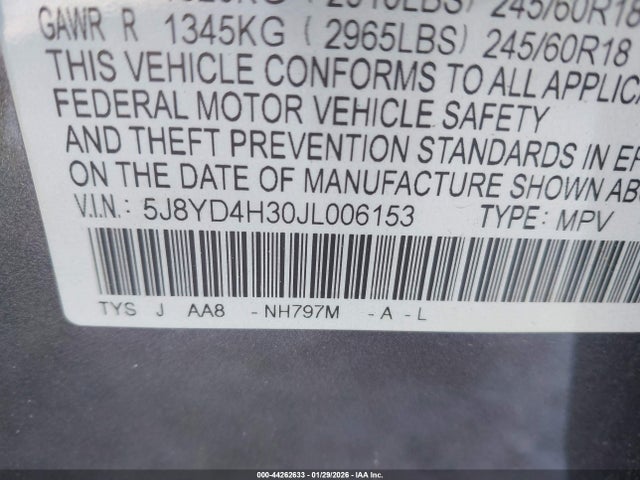 2018 Acura Mdx მანქანა იყიდება აუქციონზე, vin: 5J8YD4H30JL006153, აუქციონის ნომერი: 44262633