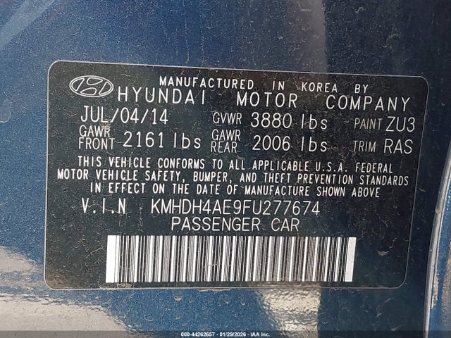 KMHDH4AE9FU277674 Hyundai ELANTRA SE