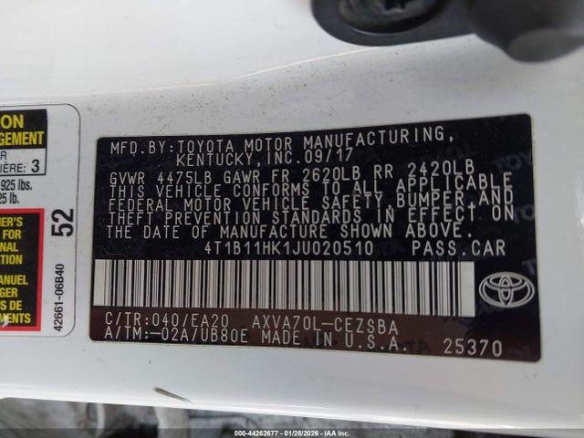 4T1B11HK1JU020510 Toyota CAMRY SE