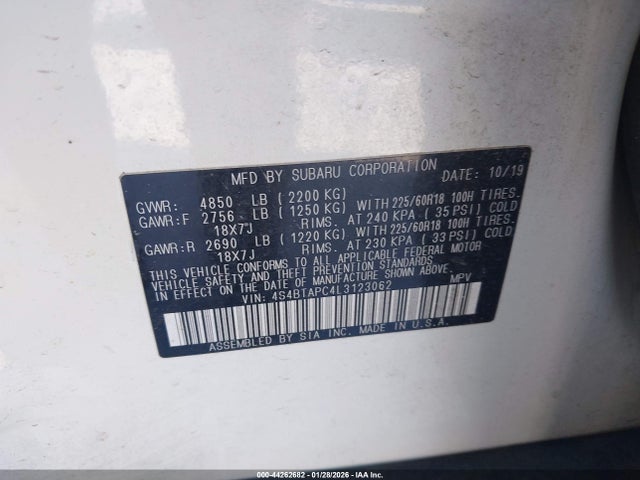 44262682 :رقم المزاد ، 4S4BTAPC4L3123062 vin ، 2020 Subaru Outback Touring مزاد بيع