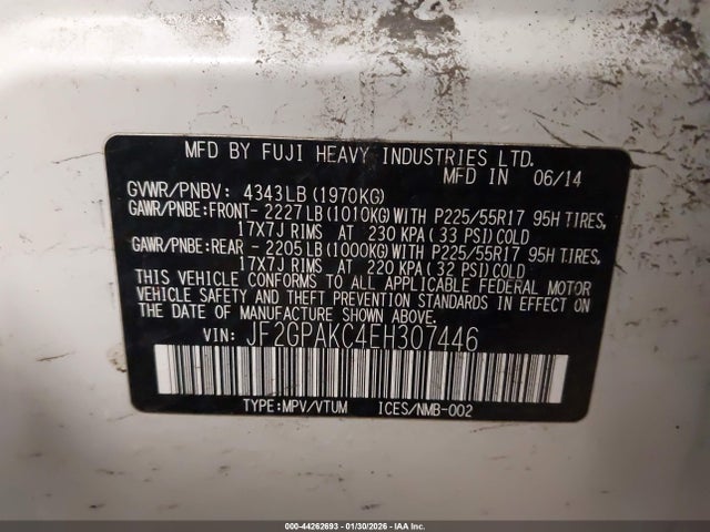 44262693 :رقم المزاد ، JF2GPAKC4EH307446 vin ، 2014 Subaru Xv Crosstrek 2.0i Limited مزاد بيع