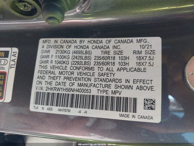 2HKRW1H56NH400053 Honda Cr-v 2wd Ex