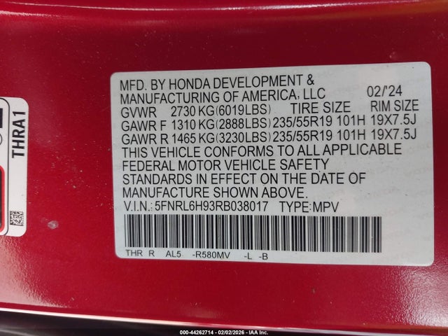 2024 HONDA ODYSSEY 5FNRL6H93RB038017 Photo 8