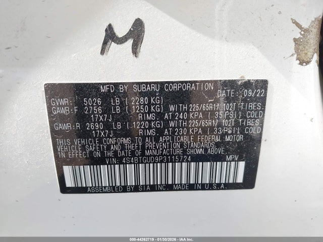 44262719 :رقم المزاد ، 4S4BTGUD9P3115724 vin ، 2023 Subaru Outback Wilderness مزاد بيع