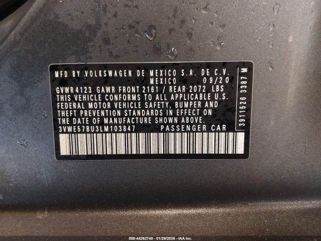 44262740 :رقم المزاد ، 3VWE57BU3LM103847 vin ، 2020 Volkswagen Jetta 1.4t Sel مزاد بيع