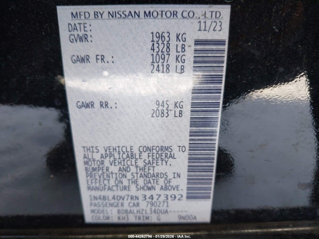 44262796 :رقم المزاد ، 1N4BL4DV7RN347392 vin ، 2024 Nissan Altima Sv Fwd مزاد بيع