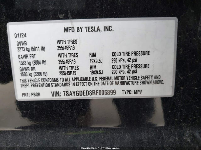 Продаж на аукціоні авто 2024 Tesla Model Y Rwd, vin: 7SAYGDED8RF005899, номер лоту: 44262802