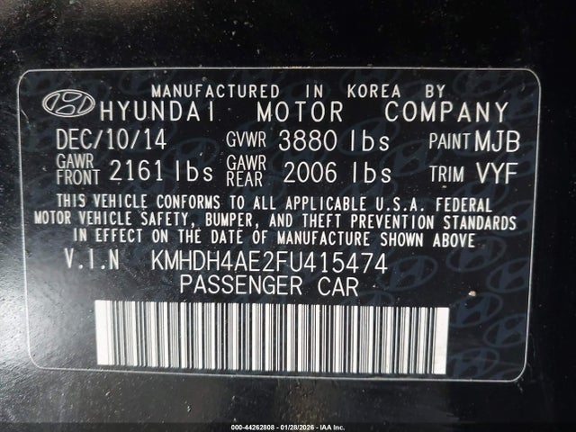 2015 Hyundai Elantra Se მანქანა იყიდება აუქციონზე, vin: KMHDH4AE2FU415474, აუქციონის ნომერი: 44262808