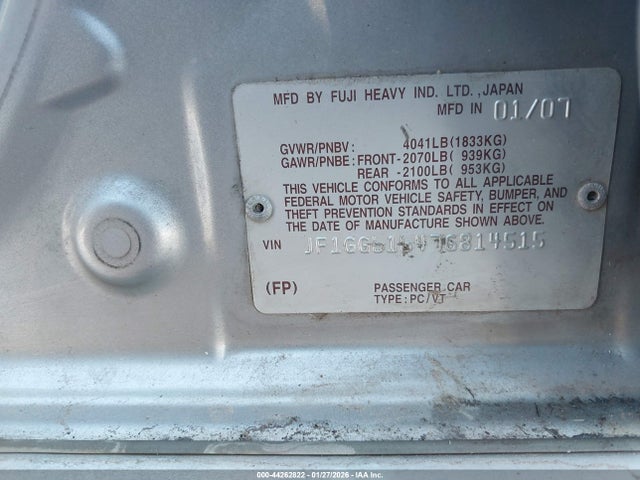 44262822 :رقم المزاد ، JF1GG61647G814515 vin ، 2007 Subaru Impreza 2.5i مزاد بيع