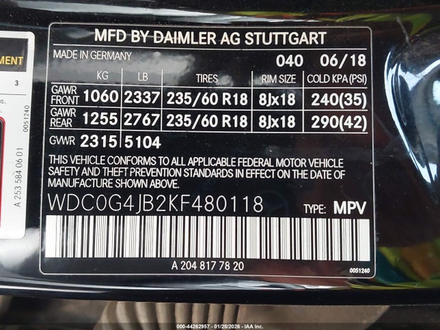 Aukcja sprzedaży 2019 Mercedes-benz Glc 300, vin: WDC0G4JB2KF480118, numer aukcji: 44262957