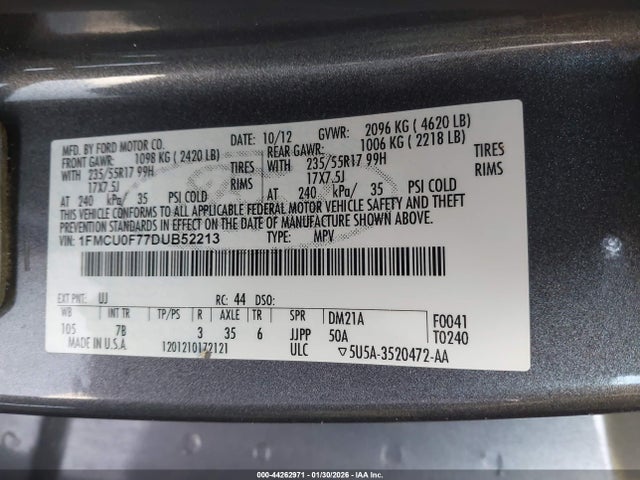 44262971 :رقم المزاد ، 1FMCU0F77DUB52213 vin ، 2013 Ford Escape S مزاد بيع