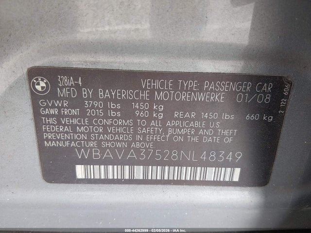 2008 Bmw 328i მანქანა იყიდება აუქციონზე, vin: WBAVA37528NL48349, აუქციონის ნომერი: 44262999