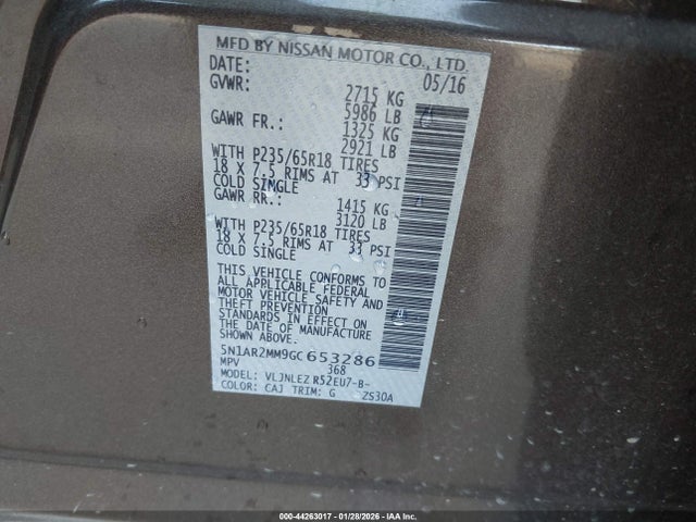 5N1AR2MM9GC653286 Nissan Pathfinder Platinum/s/sl/sv