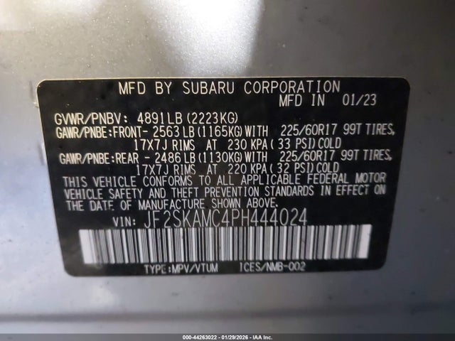 2023 Subaru Forester Wilderness მანქანა იყიდება აუქციონზე, vin: JF2SKAMC4PH444024, აუქციონის ნომერი: 44263022