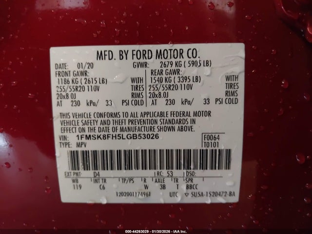 Aukcja sprzedaży 2020 Ford Explorer Limited, vin: 1FMSK8FH5LGB53026, numer aukcji: 44263029